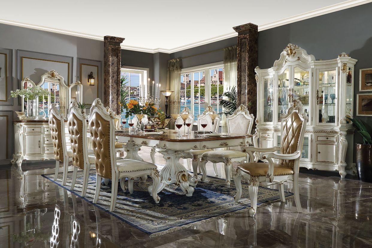 ACME Picardy Dining Table w/Double Pedestal, Antique Pearl & Cherry Oak 63460 FredCo
