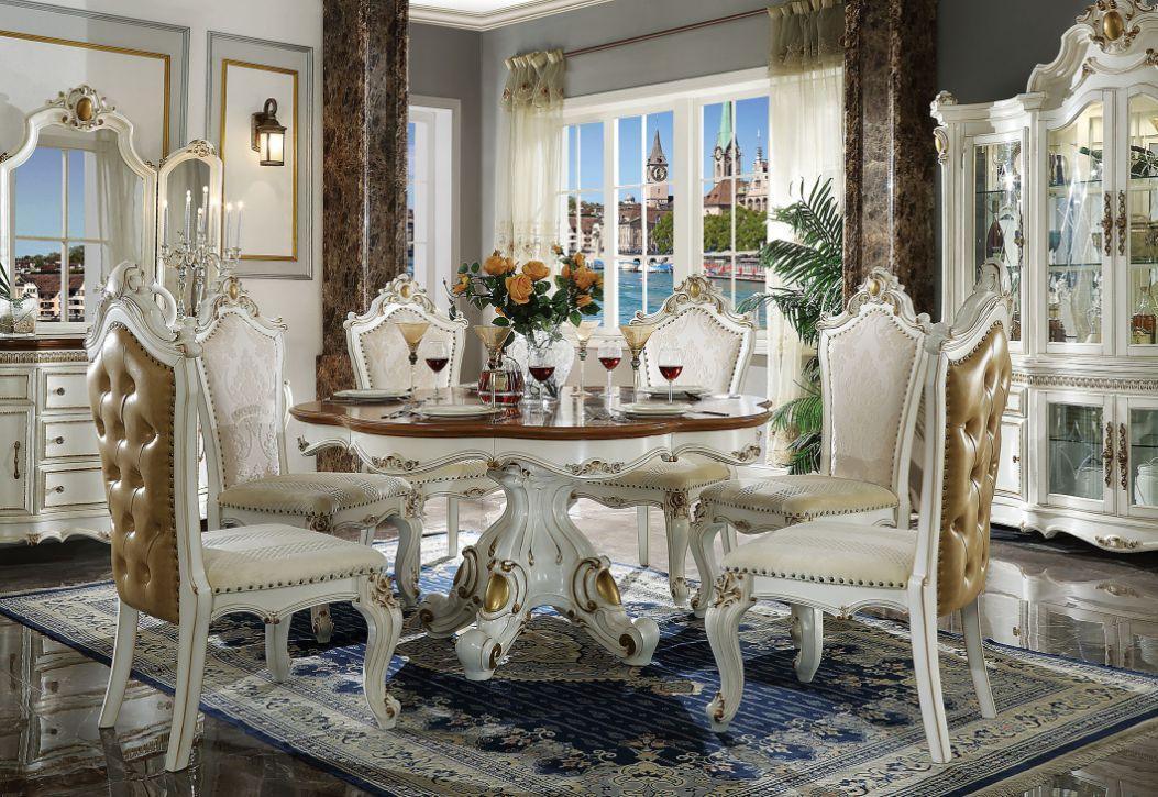 ACME Picardy Dining Table w/Single Pedestal, Antique Pearl & Cherry Oak 63470 FredCo
