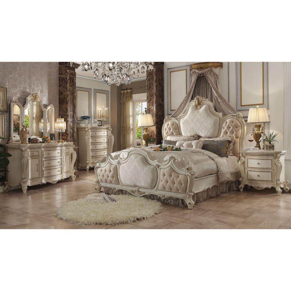 ACME Picardy Eastern King Bed, Fabric & Antique Pearl 26877EK FredCo