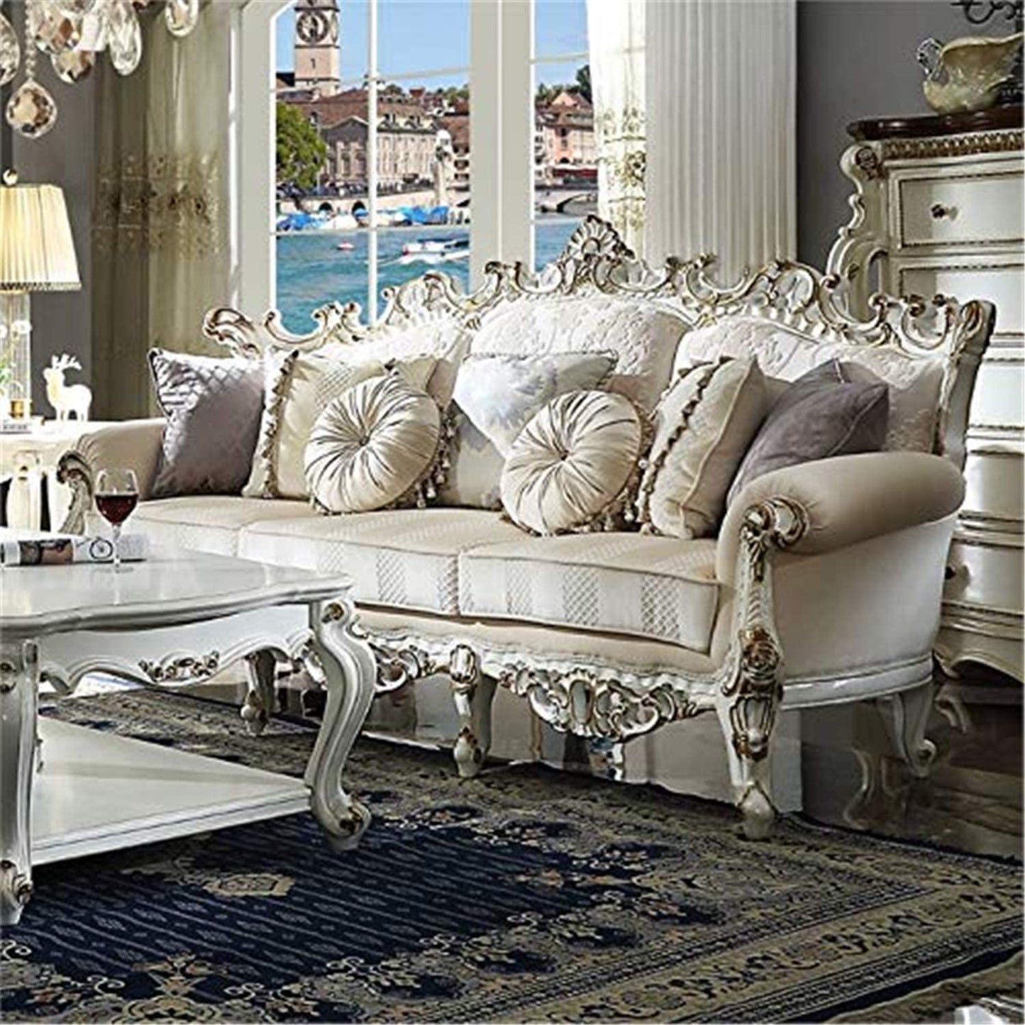 ACME Picardy II Sofa w/7 Pillows, Fabric & Antique Pearl FredCo