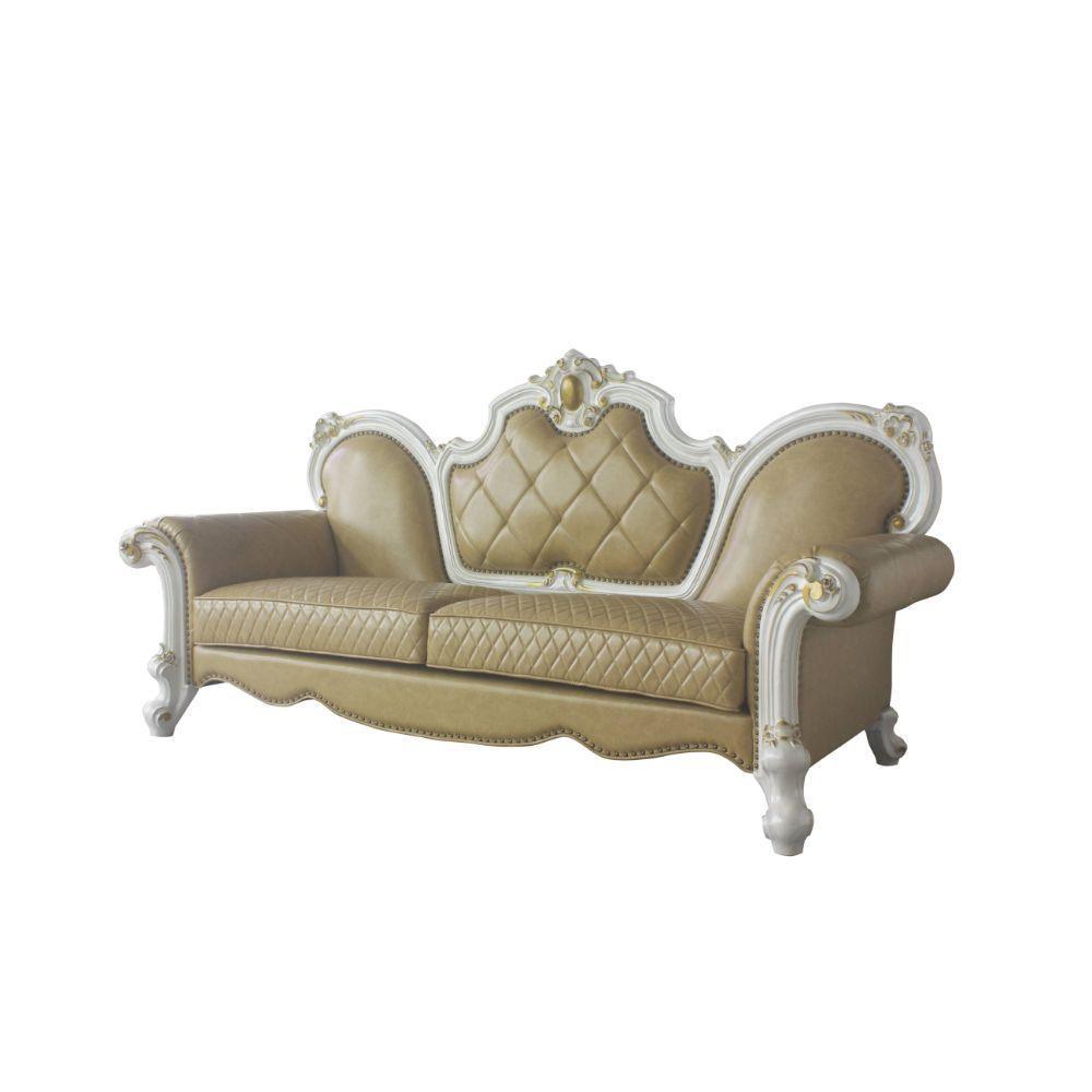 ACME Picardy Sofa w/5 Pillows, Antique Pearl & Butterscotch PU FredCo