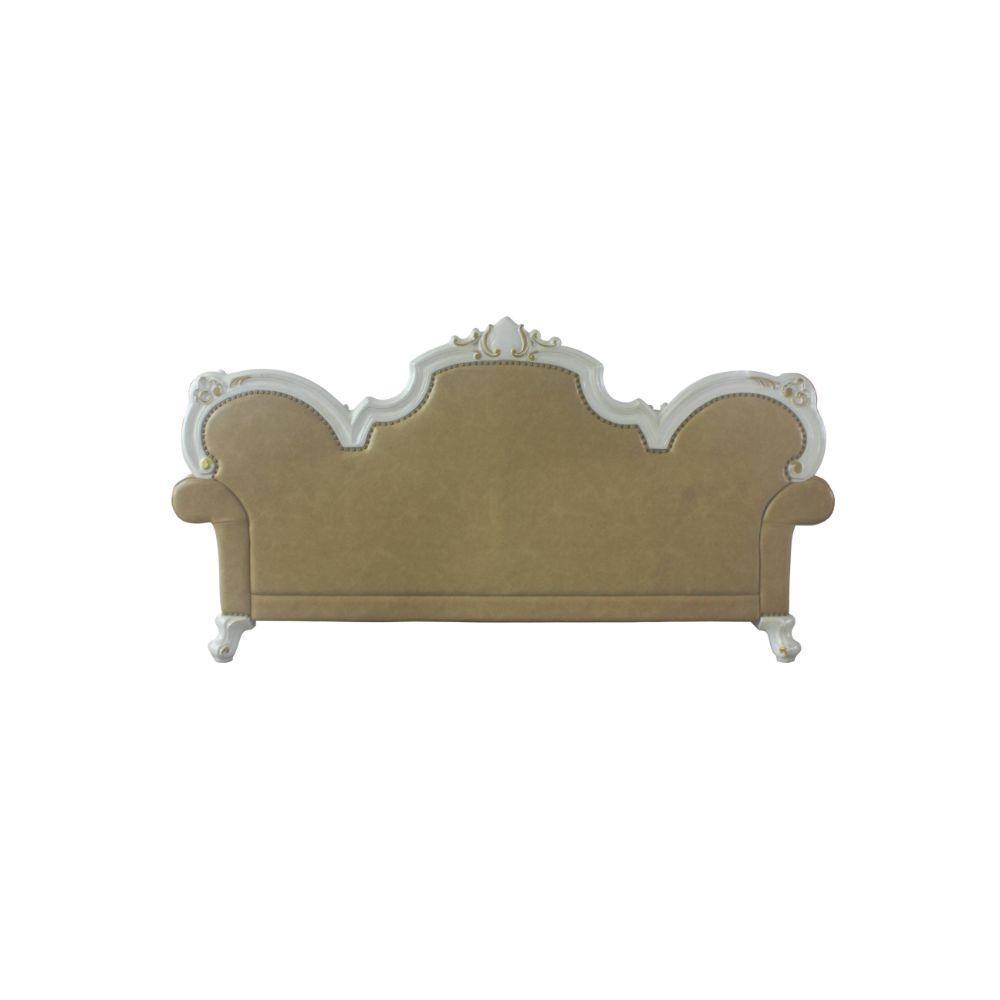 ACME Picardy Sofa w/5 Pillows, Antique Pearl & Butterscotch PU FredCo