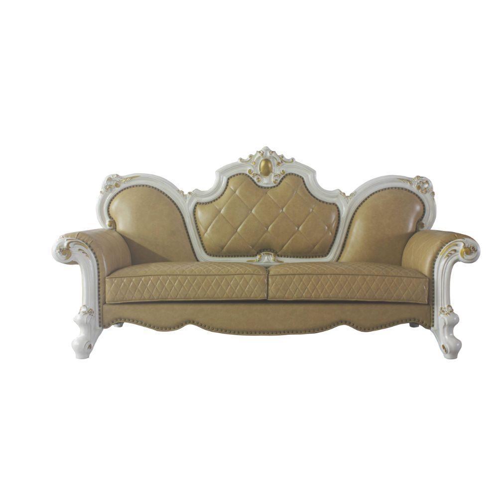 ACME Picardy Sofa w/5 Pillows, Antique Pearl & Butterscotch PU FredCo