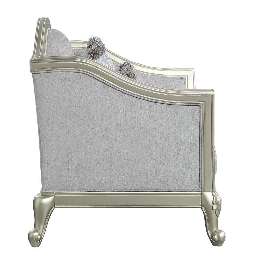 ACME Qunsia Sofa w/5 Pillows, Light Gray Linen & Champagne Finish FredCo