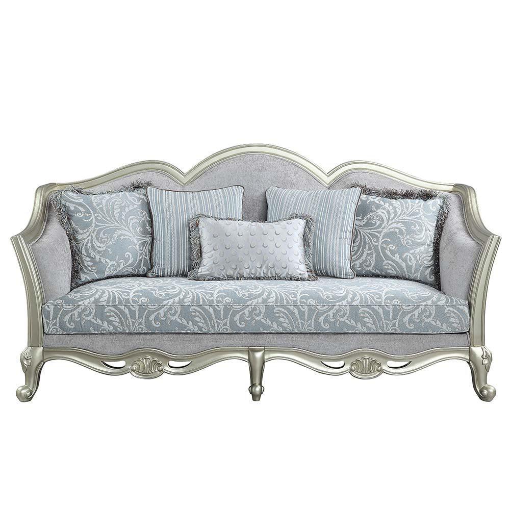 ACME Qunsia Sofa w/5 Pillows, Light Gray Linen & Champagne Finish FredCo