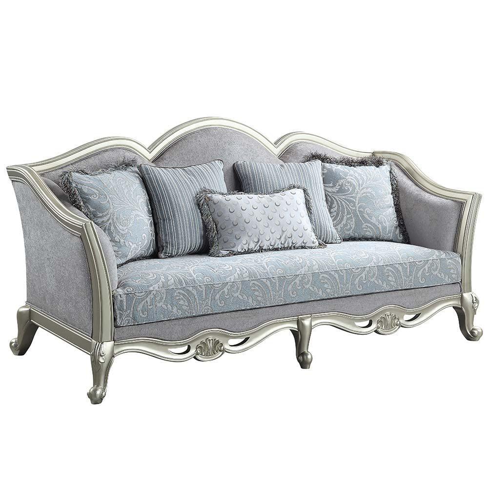 ACME Qunsia Sofa w/5 Pillows, Light Gray Linen & Champagne Finish FredCo