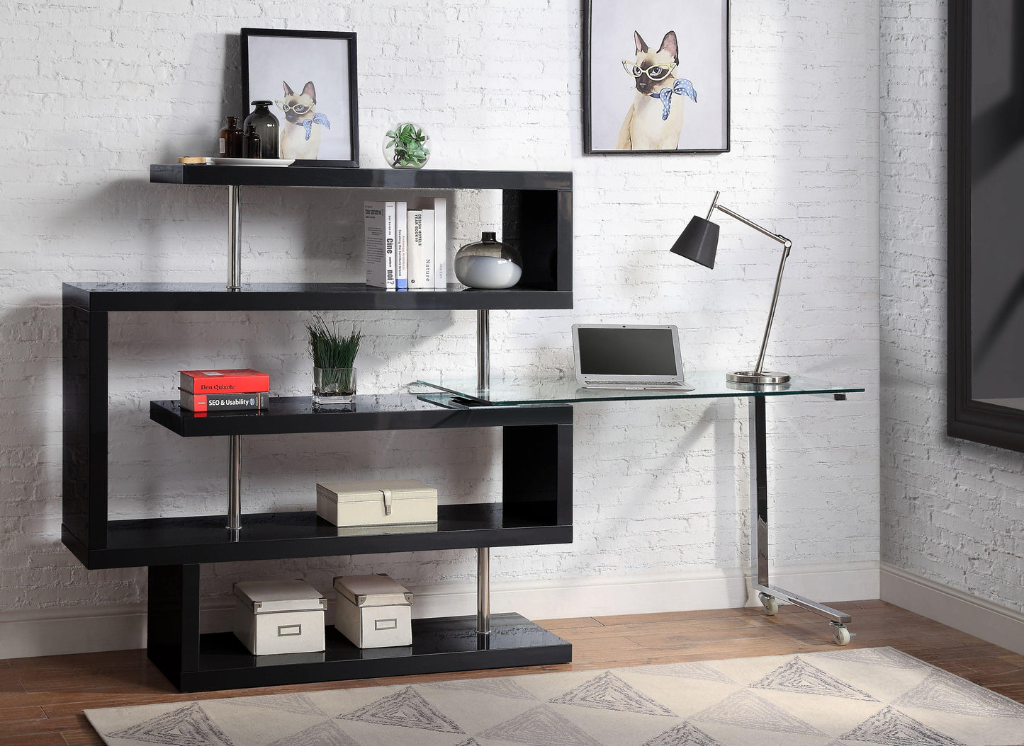 ACME Raceloma Writing Desk w/Shelf, Clear Glass, Chrome & Black High Gloss Finish FredCo