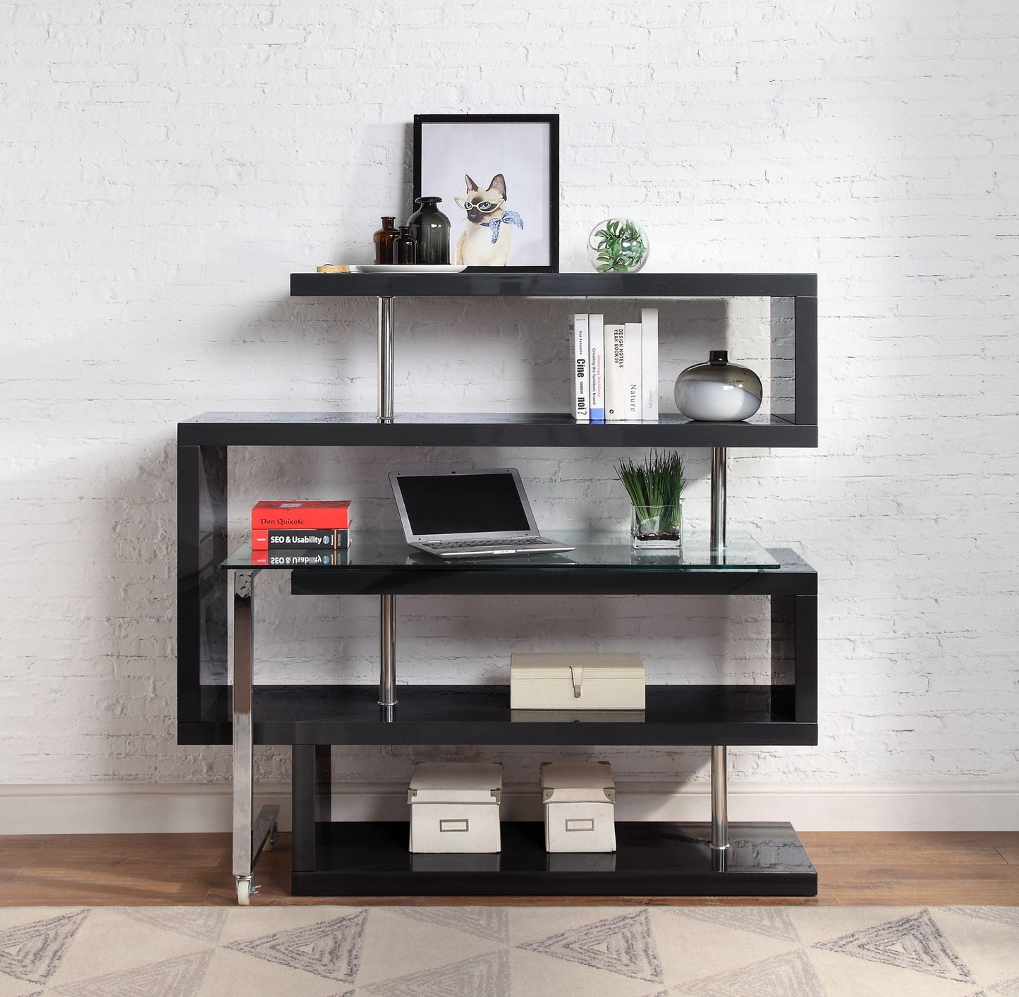 ACME Raceloma Writing Desk w/Shelf, Clear Glass, Chrome & Black High Gloss Finish FredCo