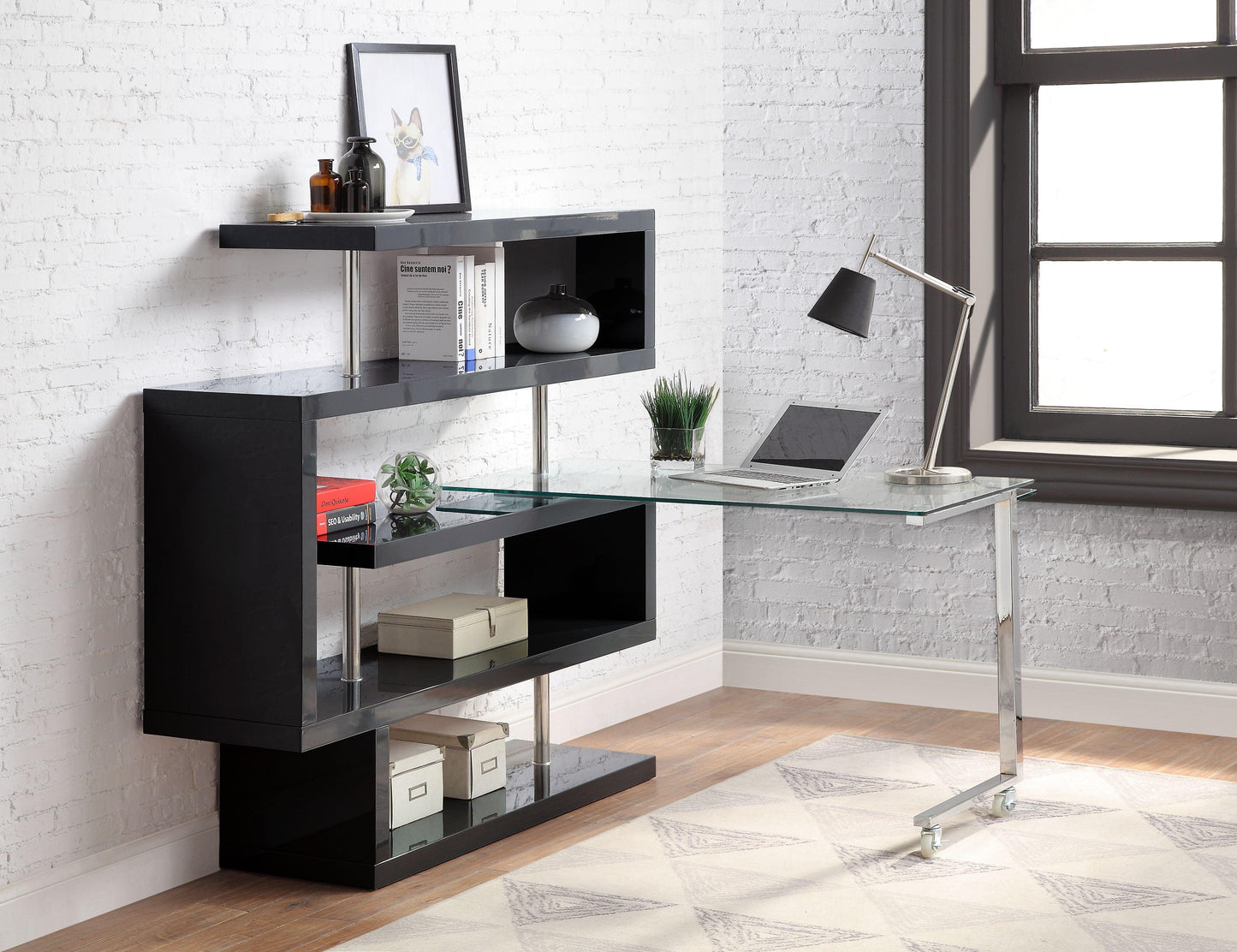 ACME Raceloma Writing Desk w/Shelf, Clear Glass, Chrome & Black High Gloss Finish FredCo