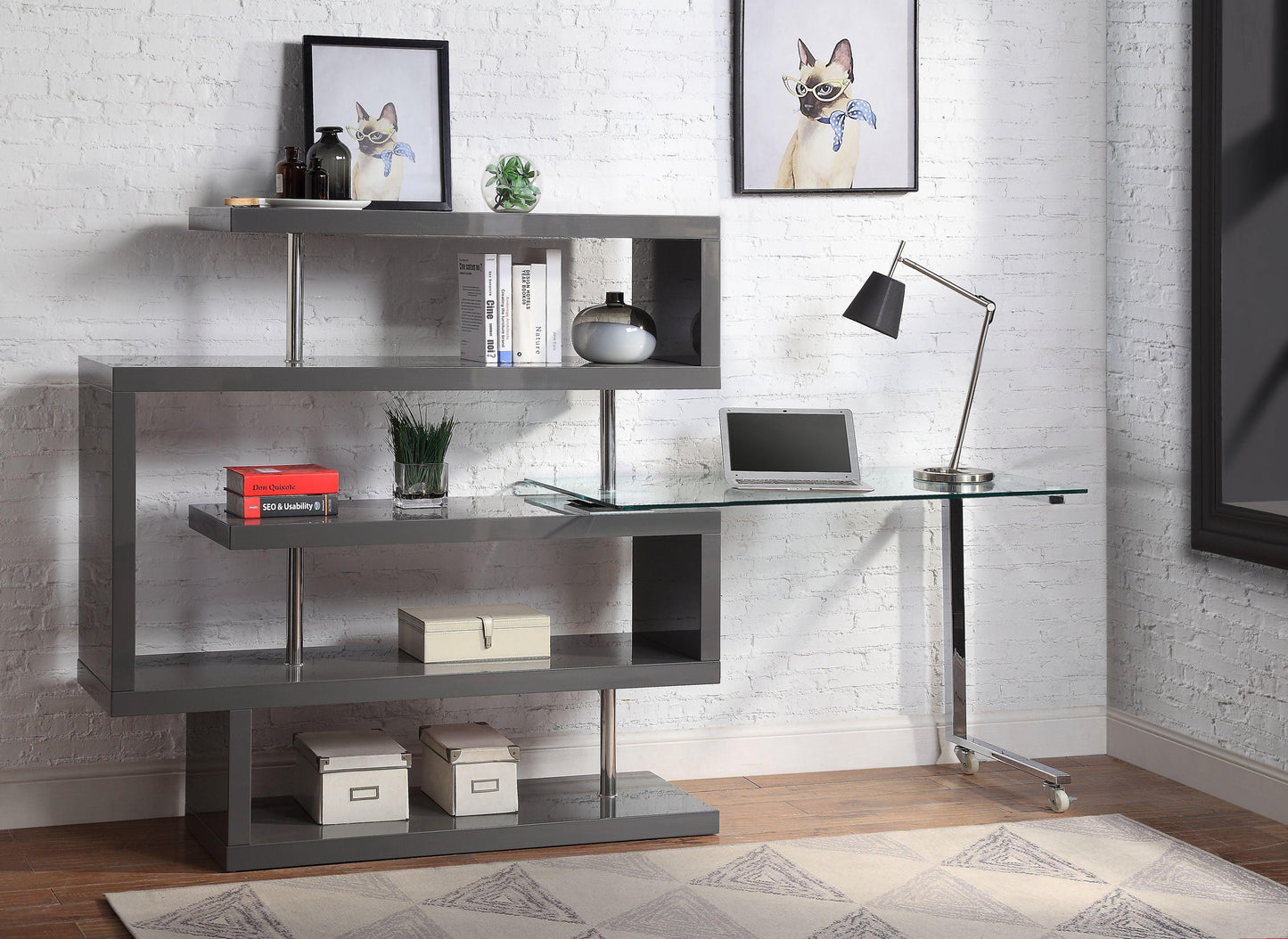 ACME Raceloma Writing Desk w/Shelf, Clear Glass, Chrome & Gray High Gloss Finish FredCo