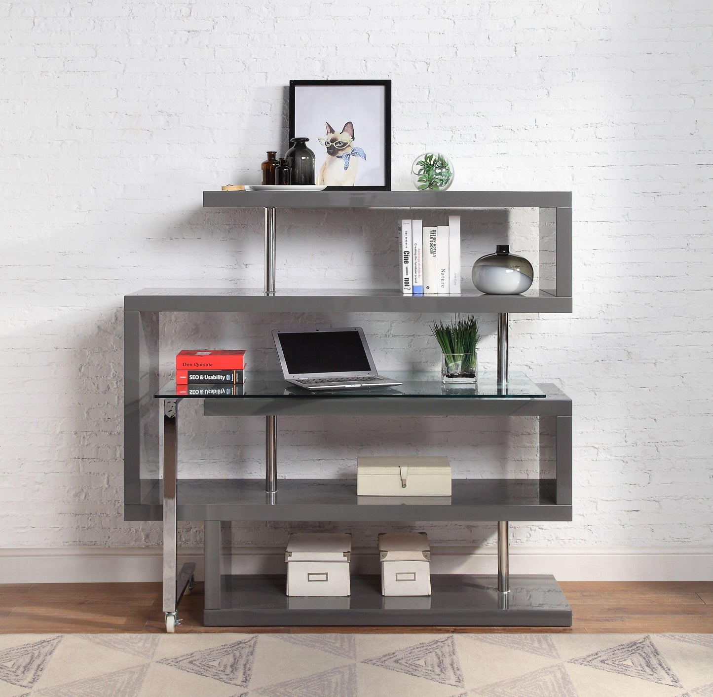 ACME Raceloma Writing Desk w/Shelf, Clear Glass, Chrome & Gray High Gloss Finish FredCo
