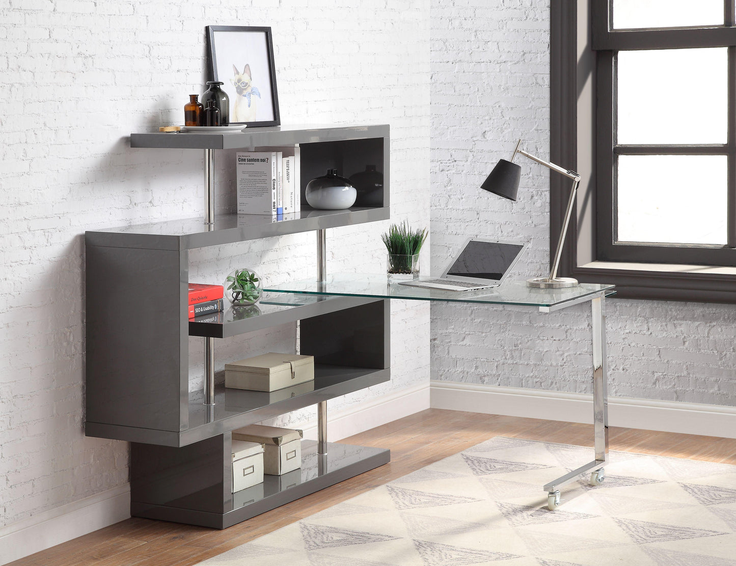 ACME Raceloma Writing Desk w/Shelf, Clear Glass, Chrome & Gray High Gloss Finish FredCo