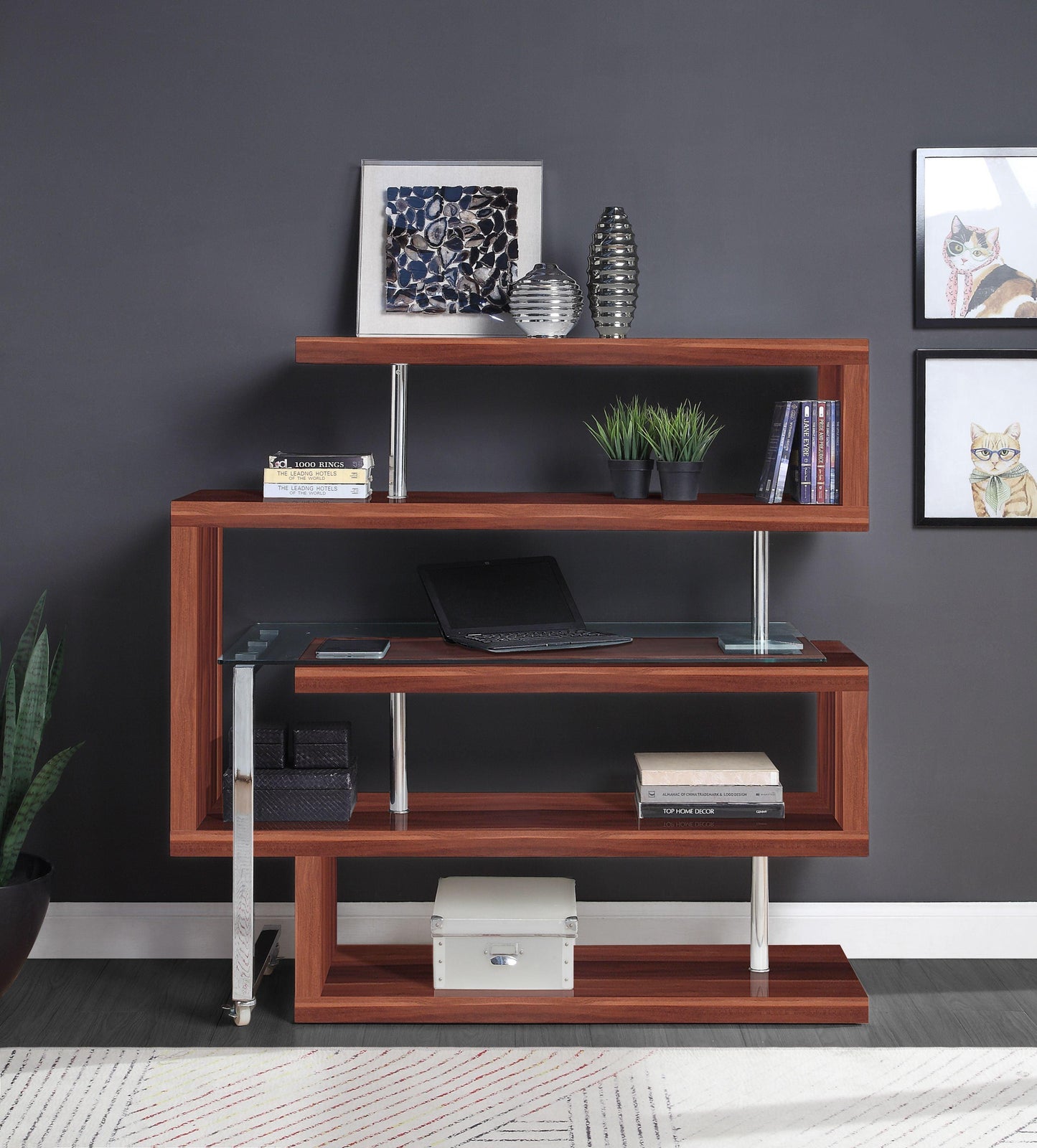 ACME Raceloma Writing Desk w/Shelf, Clear Glass, Chrome & Walnut High Gloss Finish FredCo