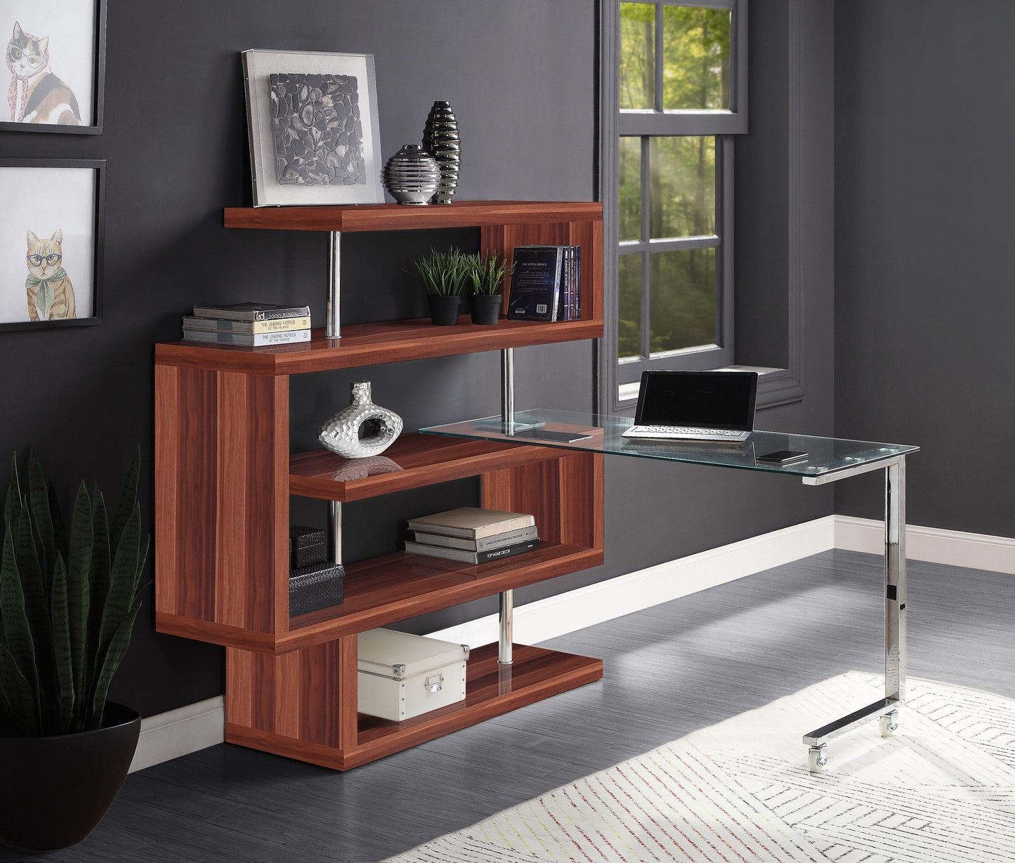 ACME Raceloma Writing Desk w/Shelf, Clear Glass, Chrome & Walnut High Gloss Finish FredCo