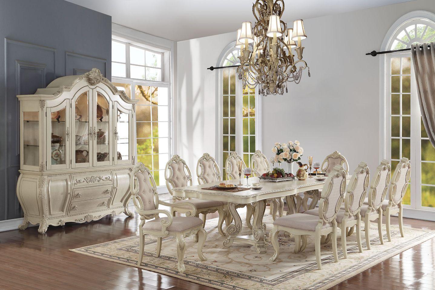 ACME Ragenardus Dining Table w/Double Pedestal, Antique White 61280 FredCo