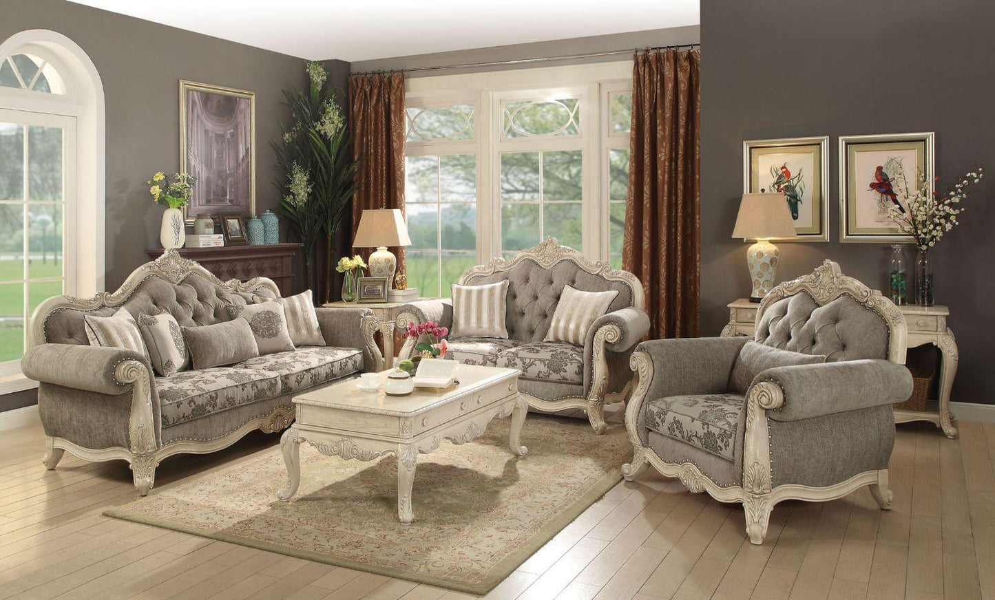 ACME Ragenardus Sofa w/5 Pillows, Gray Fabric & Antique White FredCo