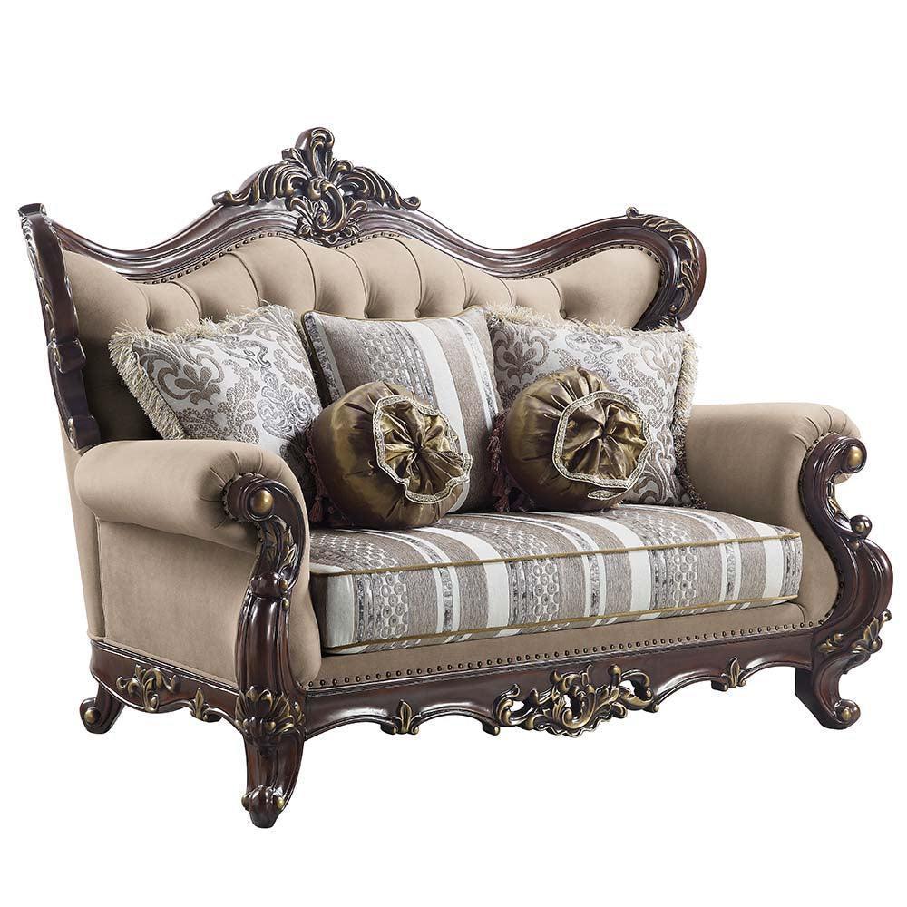 ACME Ragnar Loveseat w/5 Pillows, Light Brown Linen & Cherry Finish FredCo