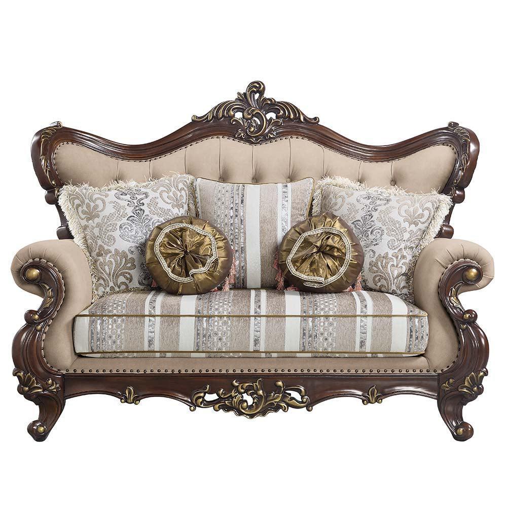 ACME Ragnar Loveseat w/5 Pillows, Light Brown Linen & Cherry Finish FredCo