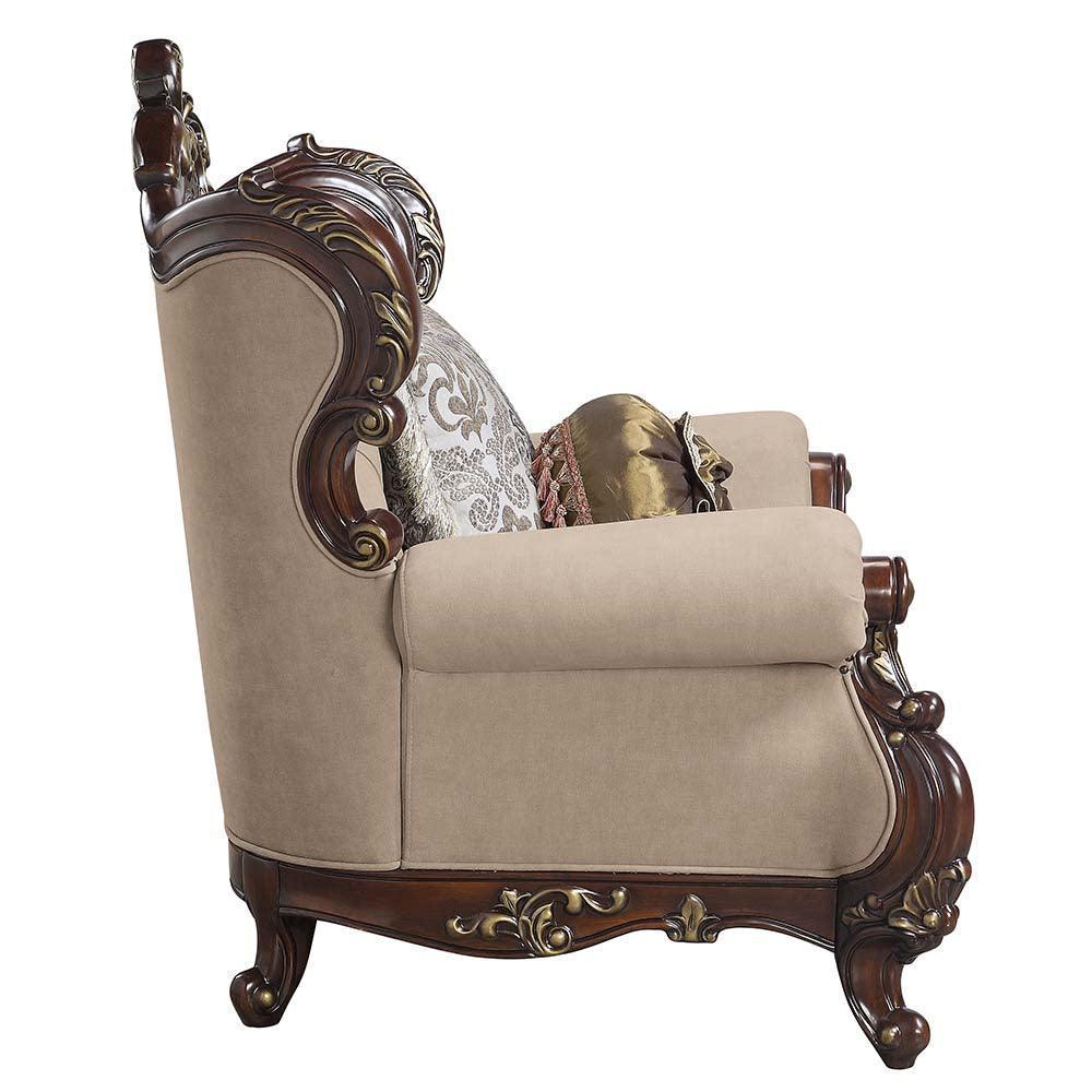 ACME Ragnar Loveseat w/5 Pillows, Light Brown Linen & Cherry Finish FredCo