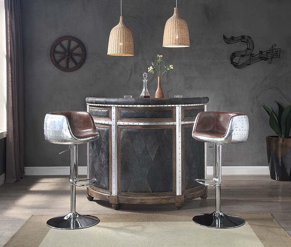 ACME Rahma Bar Table, Antique Ebony Top Grain Leather & Aluminum FredCo