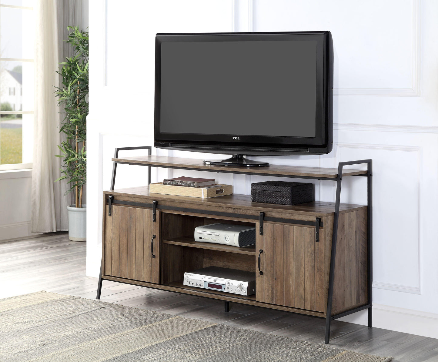 ACME Rashawn TV Stand , Rustic Oak & Black Finish FredCo