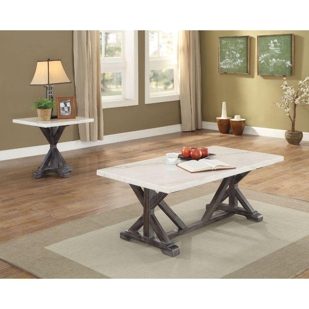 ACME Romina End Table, White Marble & Weathered Espresso FredCo