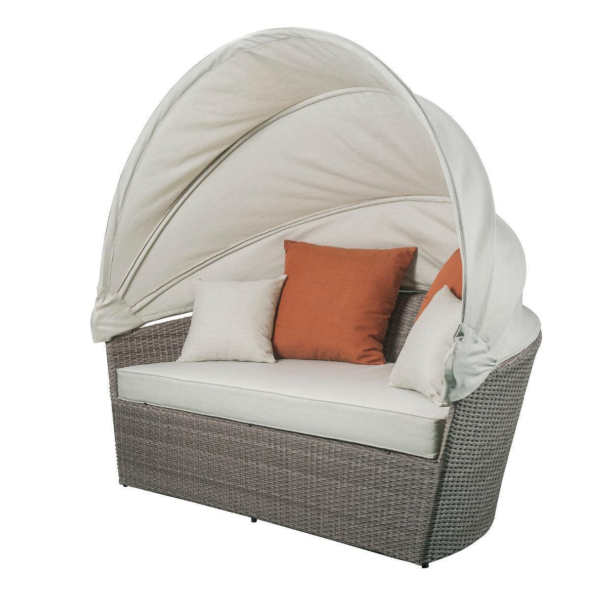ACME Salena Patio Canopy Sofa & Ottoman, Beige Fabric & Gray Wicker FredCo