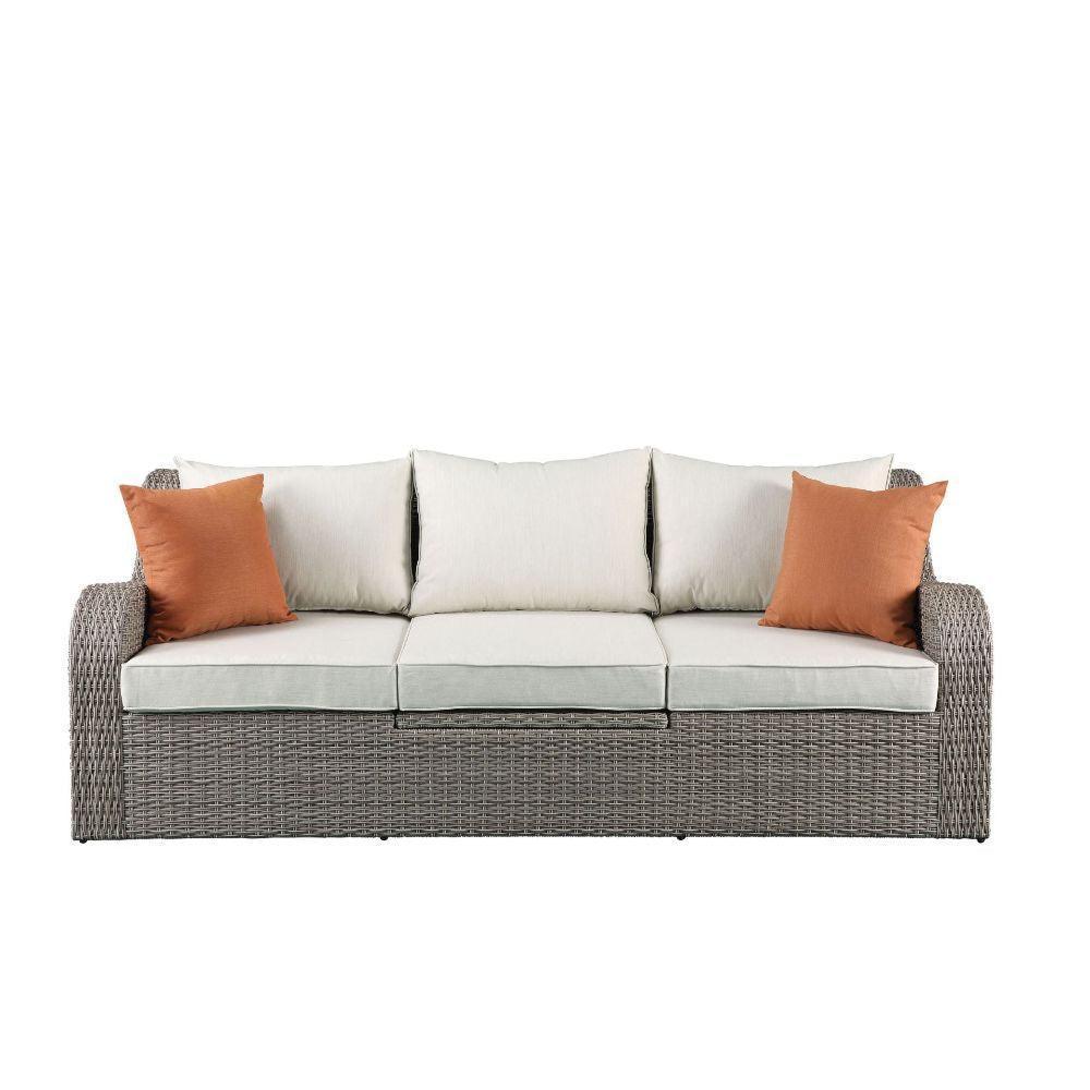 ACME Salena Patio Sectional & 2 Ottomans, Beige Fabric & Gray Wicker FredCo