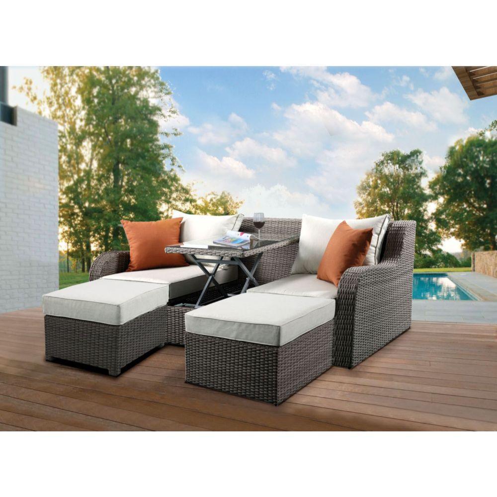 ACME Salena Patio Sectional & 2 Ottomans, Beige Fabric & Gray Wicker FredCo