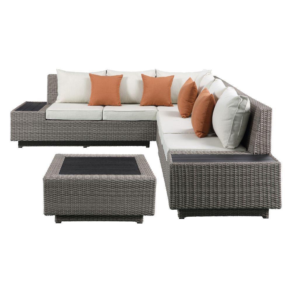ACME Salena Patio Sectional & Cocktail Table, Beige Fabric & Gray Wicker 45020 FredCo