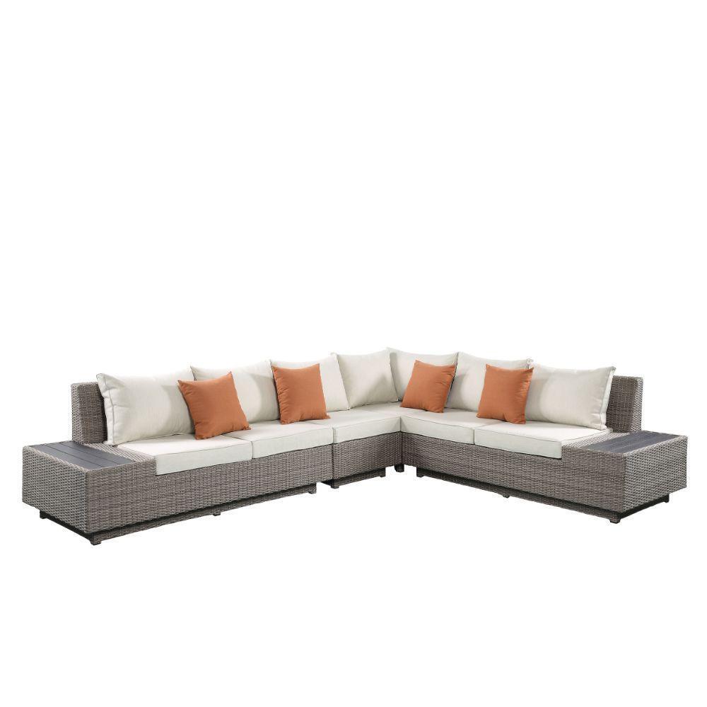 ACME Salena Patio Sectional & Cocktail Table, Beige Fabric & Gray Wicker 45020 FredCo