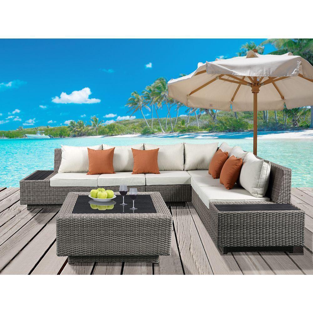 ACME Salena Patio Sectional & Cocktail Table, Beige Fabric & Gray Wicker 45020 FredCo