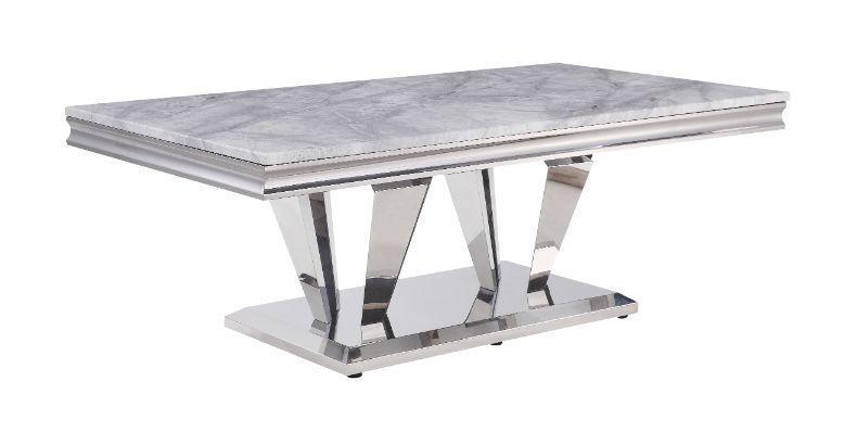 ACME Satinka Coffee Table, Light Gray Printed Faux Marble & Mirrored Silver Finish FredCo
