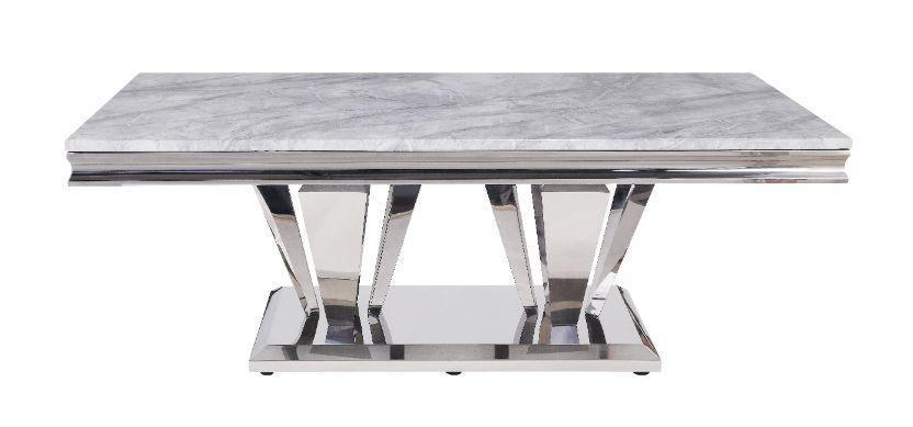ACME Satinka Coffee Table, Light Gray Printed Faux Marble & Mirrored Silver Finish FredCo