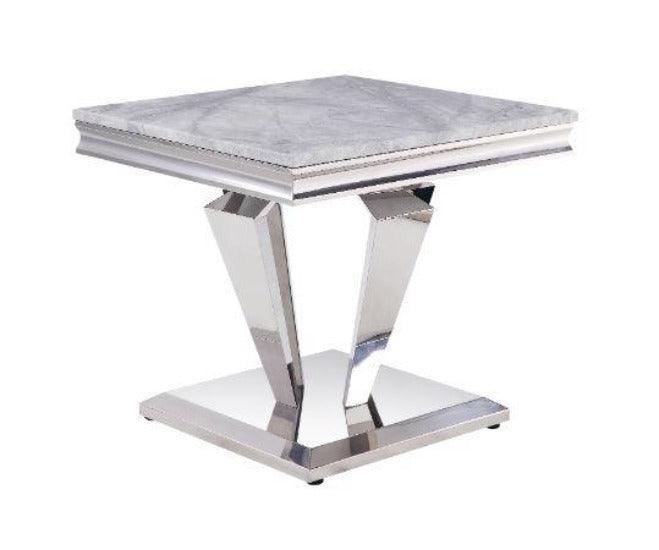 ACME Satinka End Table, Light Gray Printed Faux Marble & Mirrored Silver Finish FredCo