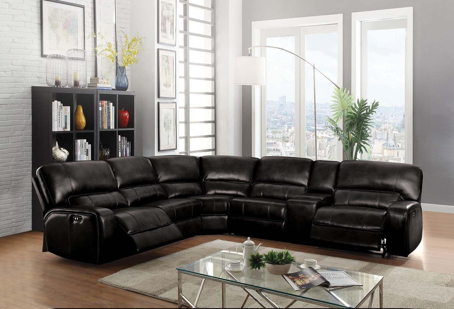 ACME Saul Sectional Sofa (Power Motion/USB Dock), Black Leather-Aire 54150 FredCo