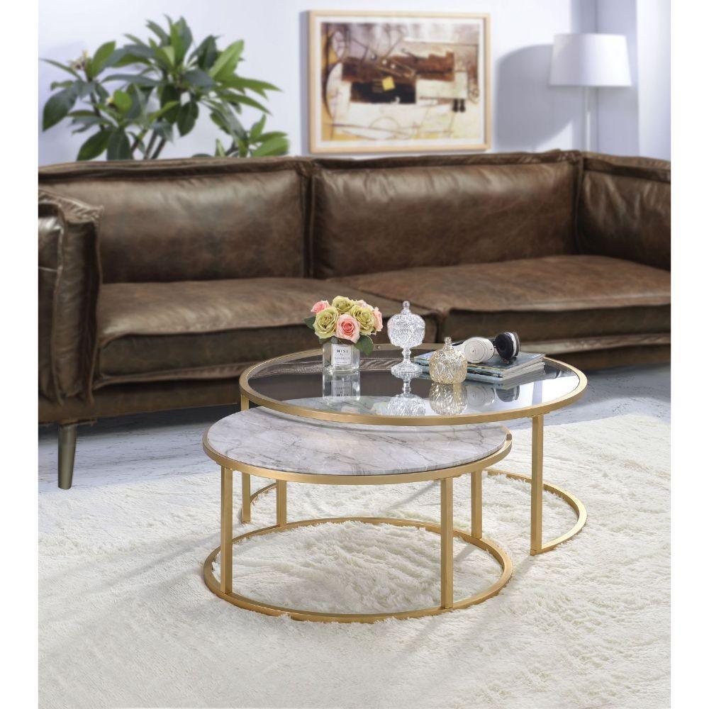 ACME Shanish 2Pc Pk Nesting Table Set, Faux Marble & Gold FredCo