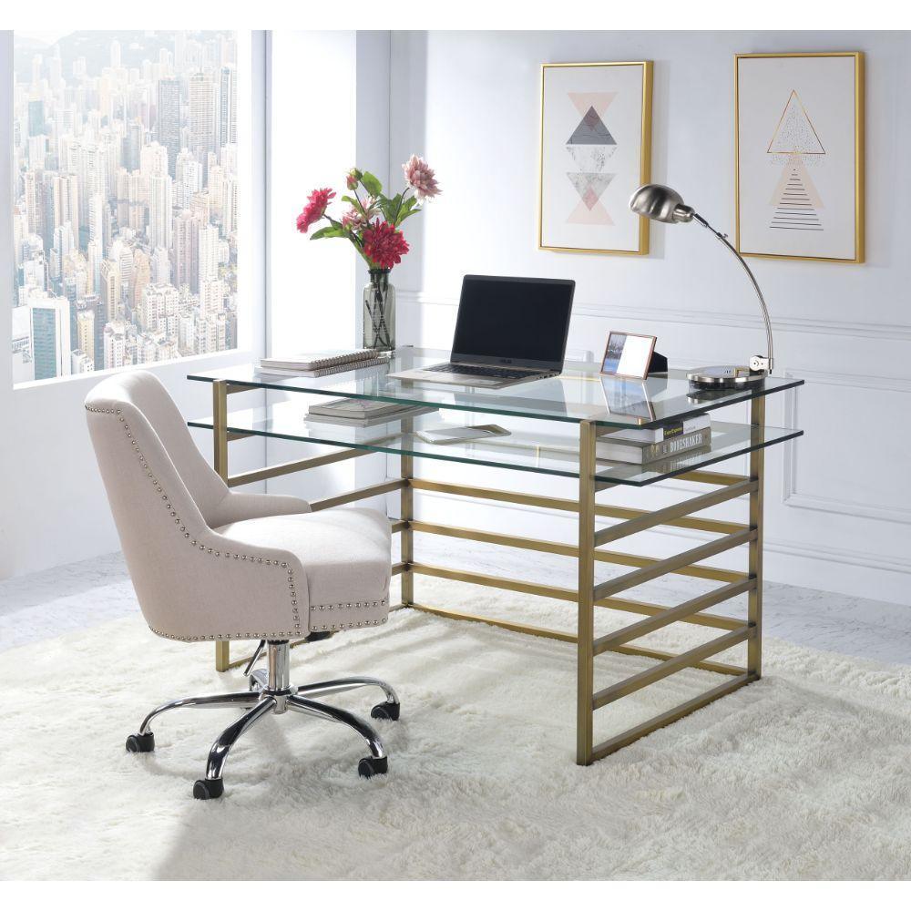 ACME Shona Desk, Antique Gold & Clear Glass FredCo
