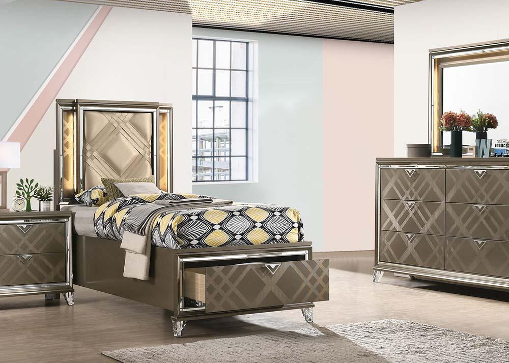 ACME Skylar Full Bed w/Storage, LED, PU & Dark Champagne FredCo