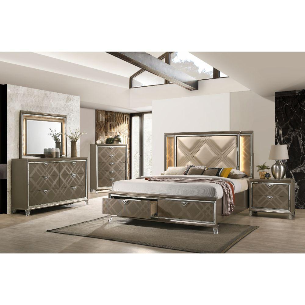 ACME Skylar Queen Bed w/Storage, LED, PU & Dark Champagne FredCo