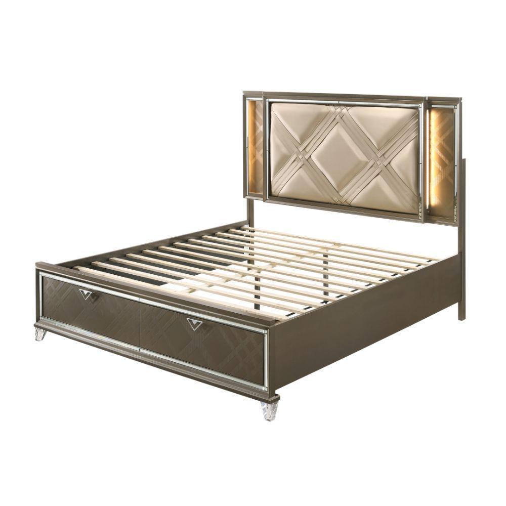 ACME Skylar Queen Bed w/Storage, LED, PU & Dark Champagne FredCo