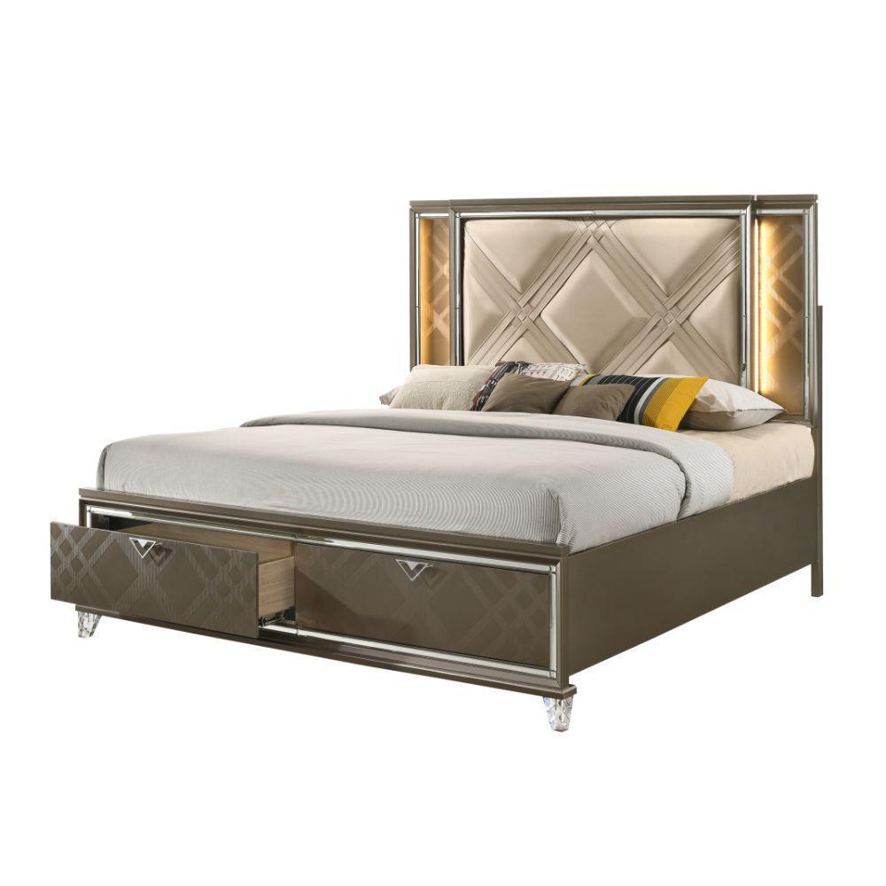 ACME Skylar Queen Bed w/Storage, LED, PU & Dark Champagne FredCo