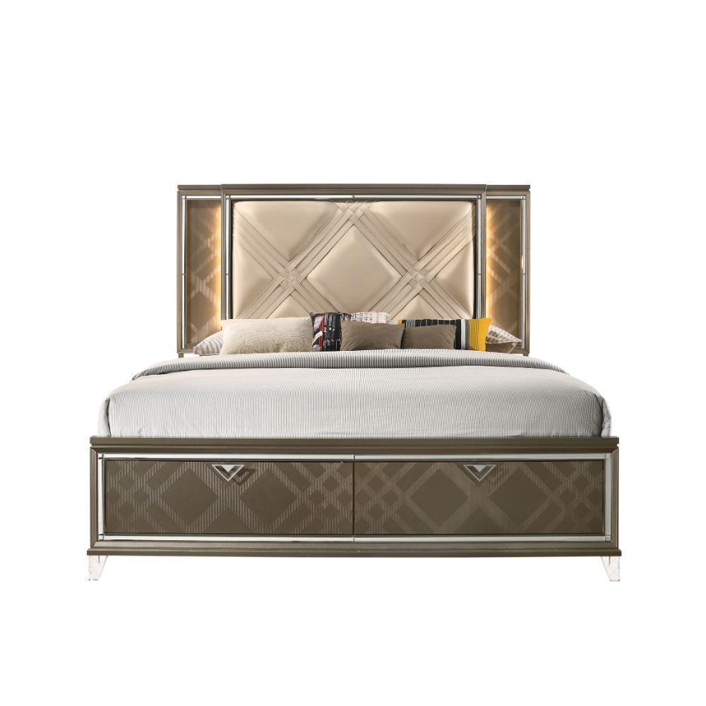 ACME Skylar Queen Bed w/Storage, LED, PU & Dark Champagne FredCo
