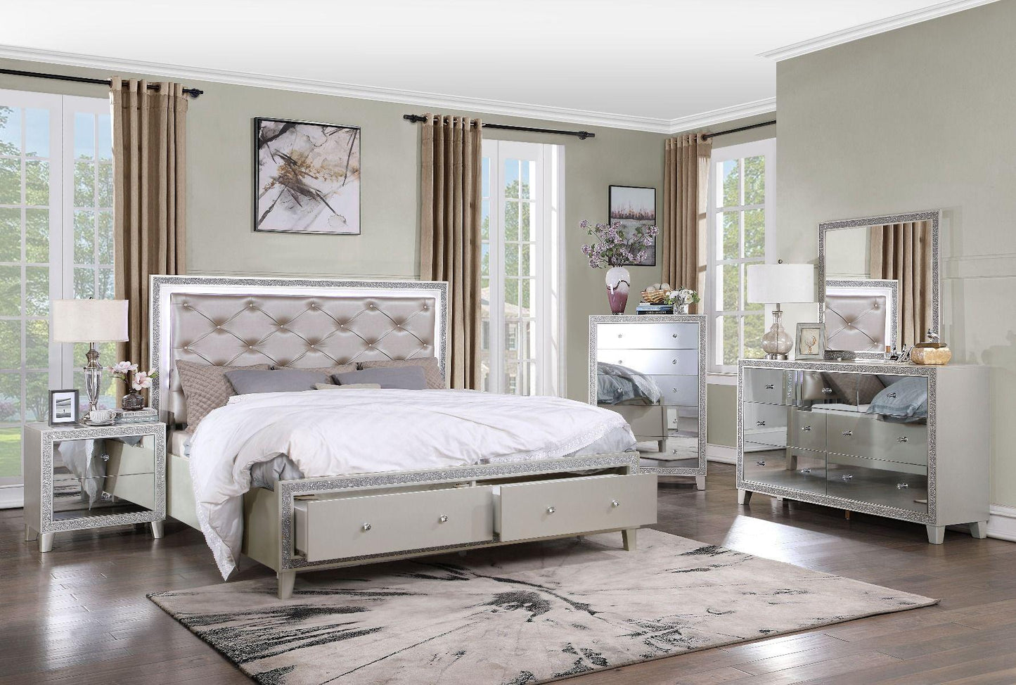 ACME Sliverfluff Eastern King Bed w/Storage, PU & Champagne Finish FredCo