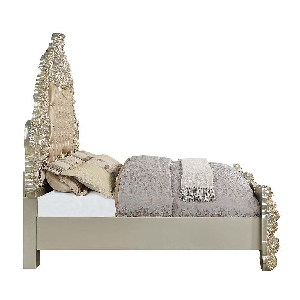 ACME Sorina Eastern King Bed, Light Brown PU, Antique Gold Finish FredCo
