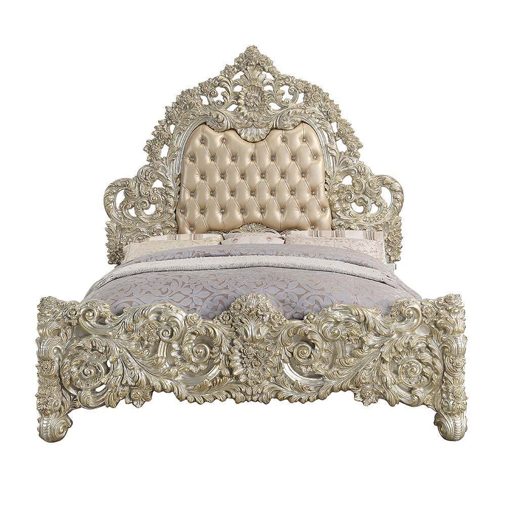 ACME Sorina Eastern King Bed, Light Brown PU, Antique Gold Finish FredCo