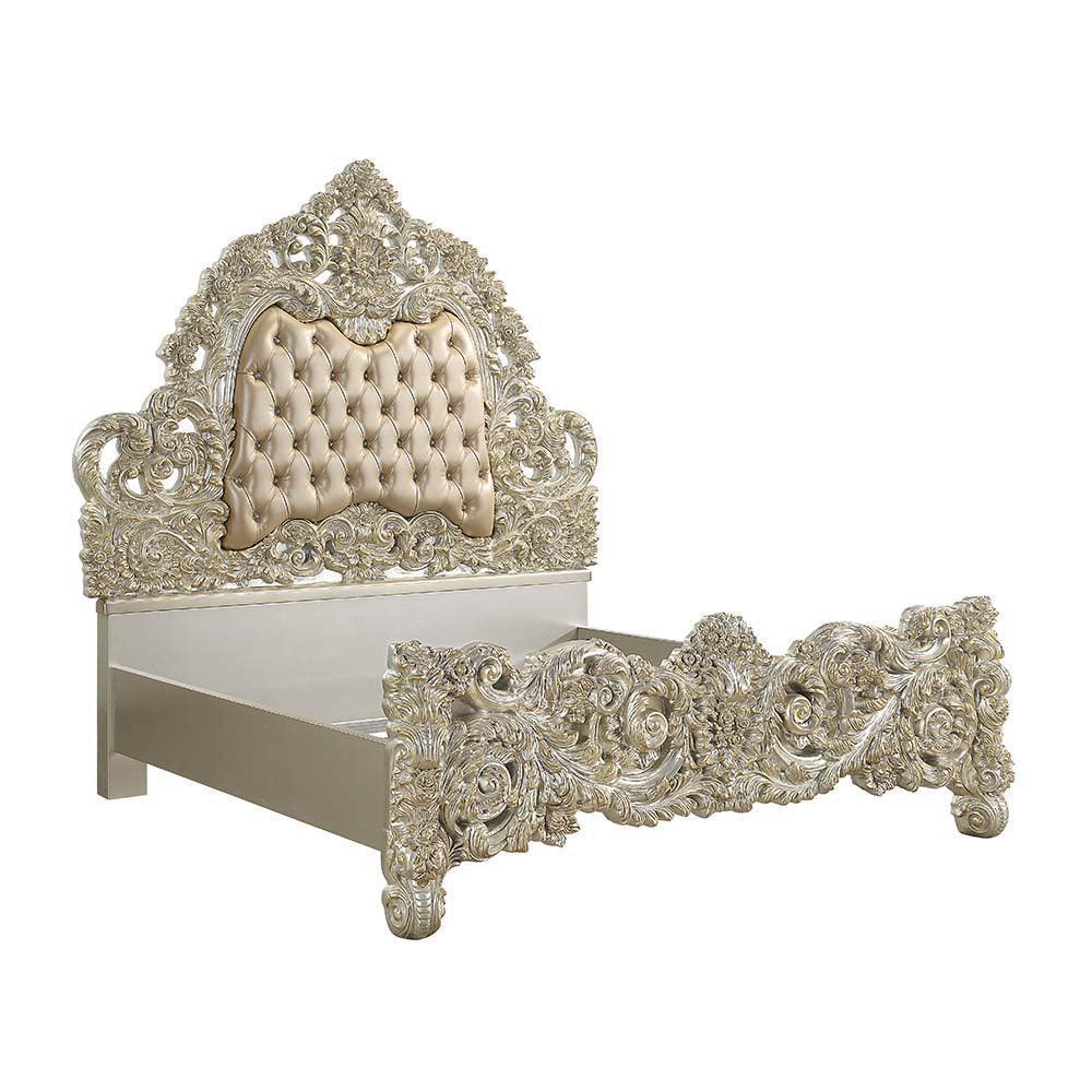 ACME Sorina Eastern King Bed, Light Brown PU, Antique Gold Finish FredCo