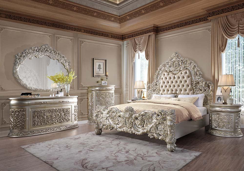 ACME Sorina Eastern King Bed, Light Brown PU, Antique Gold Finish FredCo