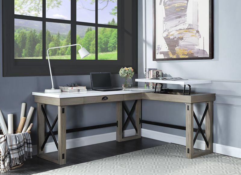 ACME Talmar Writing Desk w/Lift Top, Marble Top & Rustic Oak Finish FredCo