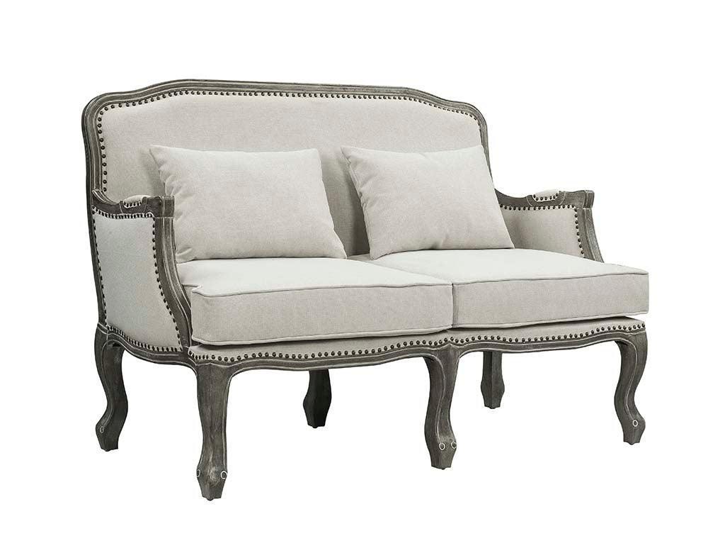 ACME Tania Loveseat w/2 Pillows, Cream Linen & Brown Finish FredCo